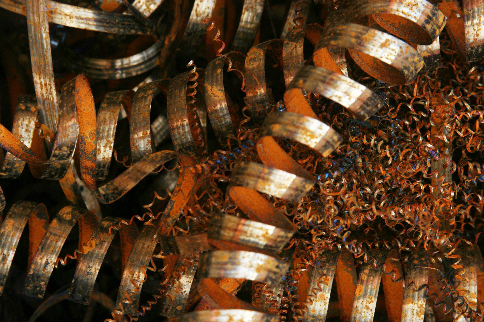 This image shows a pile of metal shavings, likely from some type of machining or metalworking process. The shavings have curled shapes and appear to be ferrous, as indicated by the orange rust covering some of the surfaces. The variety of shapes and the intricate curls give the pile a chaotic yet fascinating texture. The blue shades in the image could be due to the heat treatment or cooling lubricants interacting with the metal, creating an oxidized layer or simply reflecting light differently.